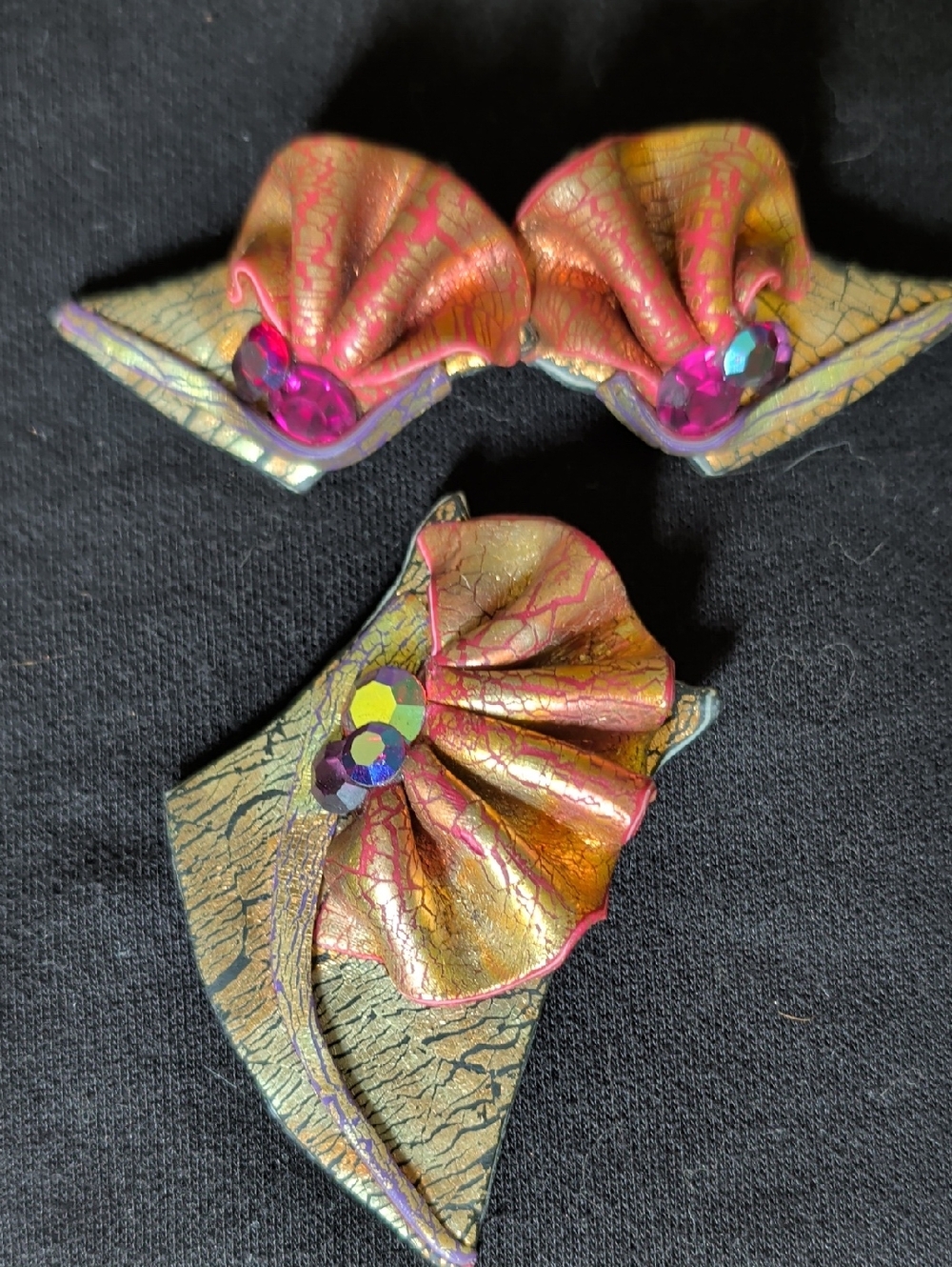 Vintage Costume Jewelry- Metallic Pink-Gold Clip-On Earrings and Brooch Set